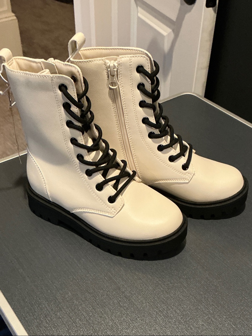 Cream Combat Boots with Black Laces
